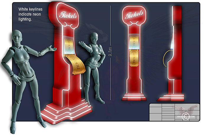 Proto-artwork or concept desgns illustrated in Front, Side and Three Quarter View for a real world Ticket Booth Proto-artwork or concept desgns illustrated in Front, Side and Three Quarter View for a real world Ticket Booth